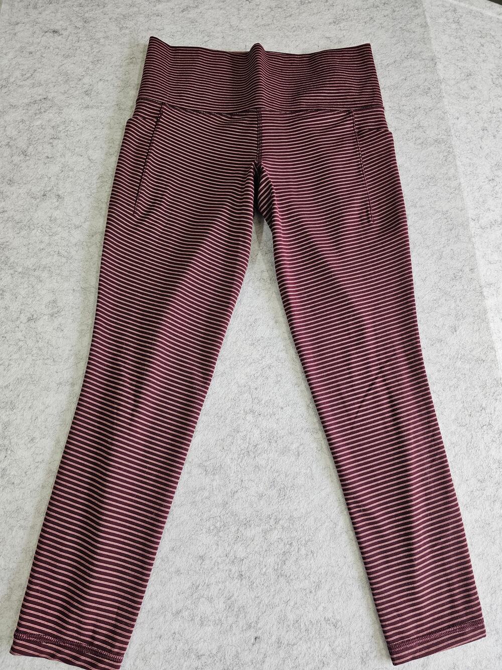 Athleta Salutation Stash Pocket II 7/8 Stripe Leggings High Rise, Burgundy Sz S